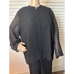 Vintage Eileen Fisher Sheer Black Button-Front Long Sleeve Silk Blouse